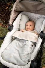 Baby in a pram bassinet covered with the sage Happy Goose Olive blanket with geese