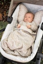 Baby in a pram bassinet under the Herbs cotton blanket with a matching sprig-print pillow