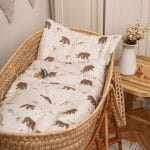 Temo bear print duvet and pillow in a wicker Moses basket