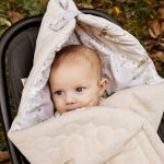 Baby in the hood of the Birdsong car seat swaddle