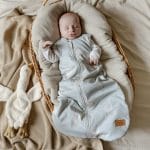Baby sleeping in the sage green Happy Goose Olive sleeping bag next to a plush goose