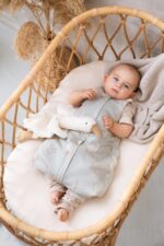Baby in the olive Happy Goose Olive sleeping bag lying in a bassinet with a plush goose